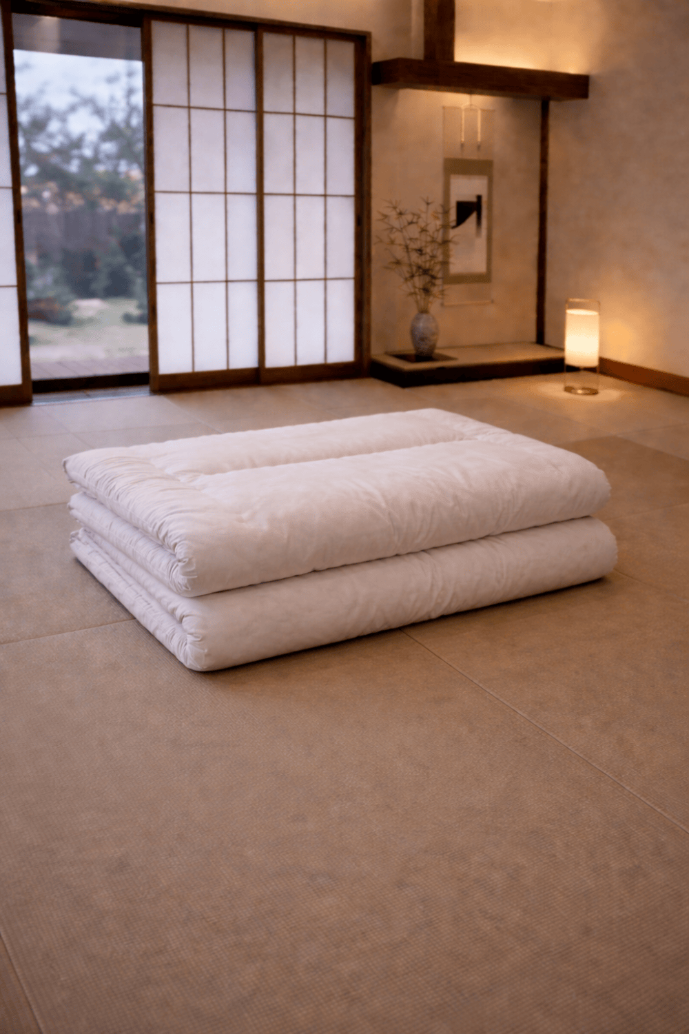 Futon japonais Shiki installé sur tatami chambre minimaliste - Tenrai