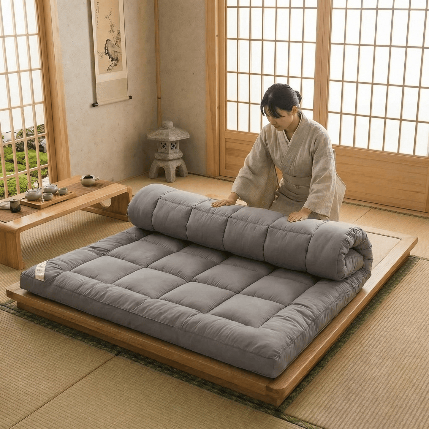 Futon japonais nuage duo gris en cours de dépliage, facilité d'utilisation - Tenrai