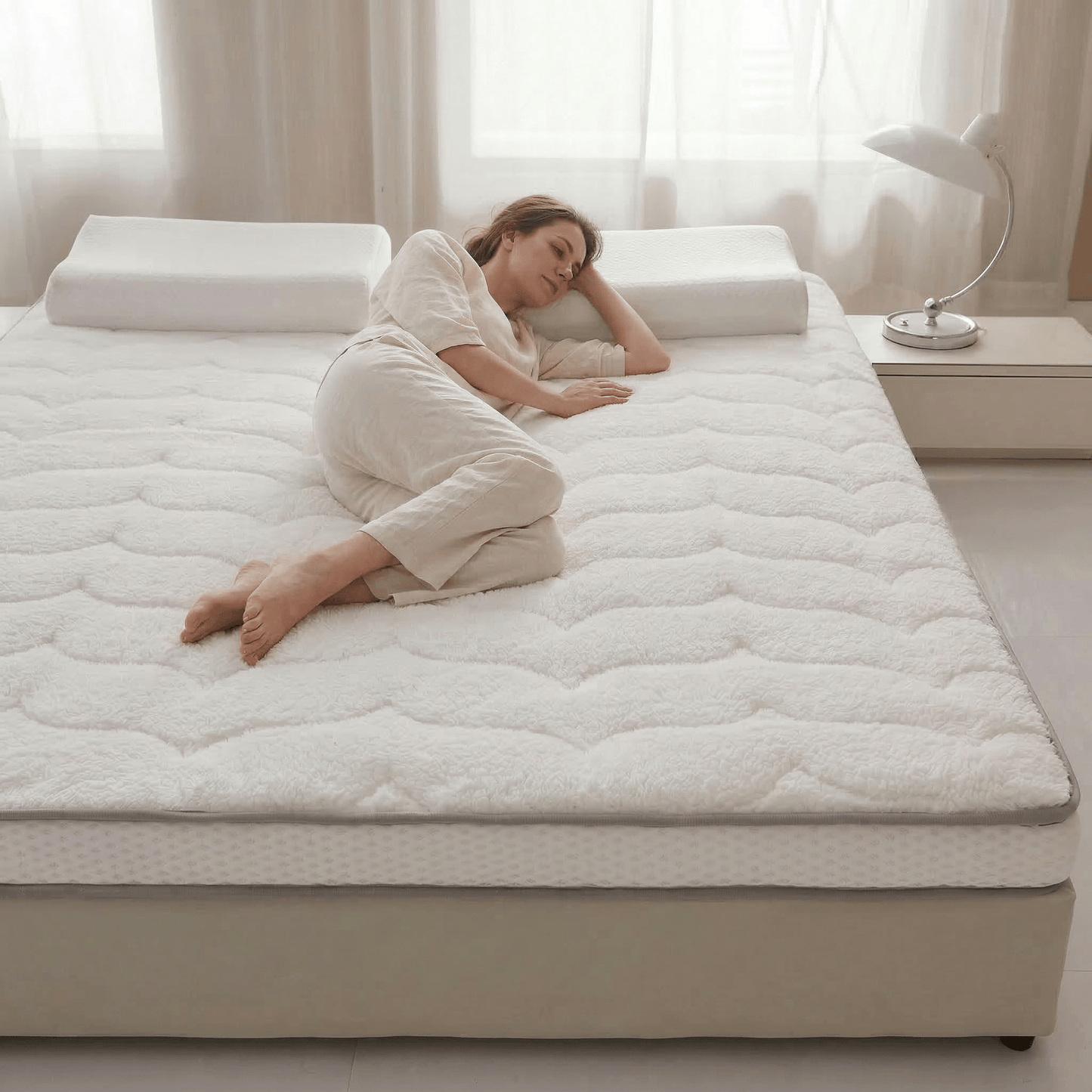 Personne allongée sur futon japonais laine de moutons confort naturel - Tenrai
