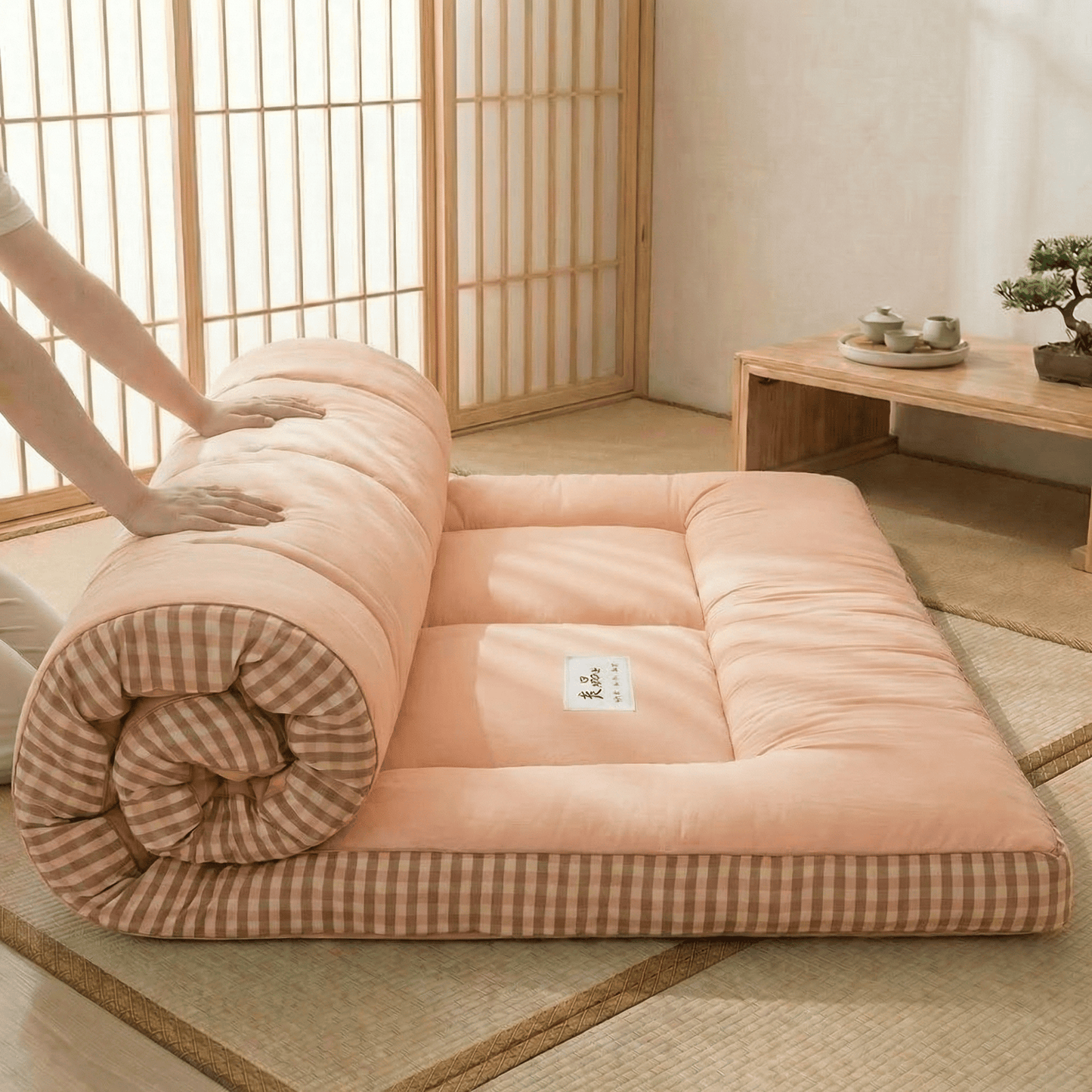 surmatelas futon fibre de soja rose roulé, ambiance japonaise naturelle - Tenrai