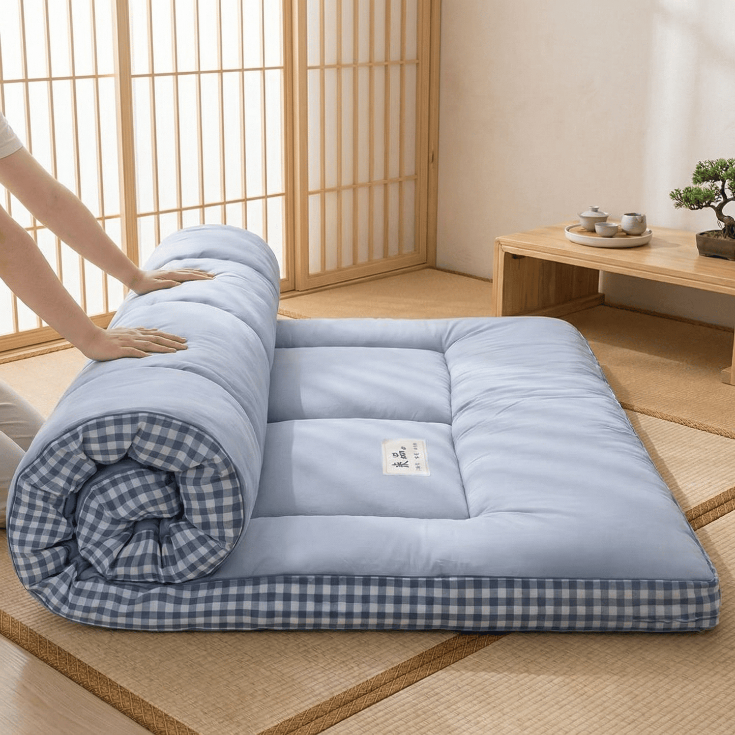 surmatelas futon fibre de soja bleu roulé, ambiance japonaise naturelle - Tenrai