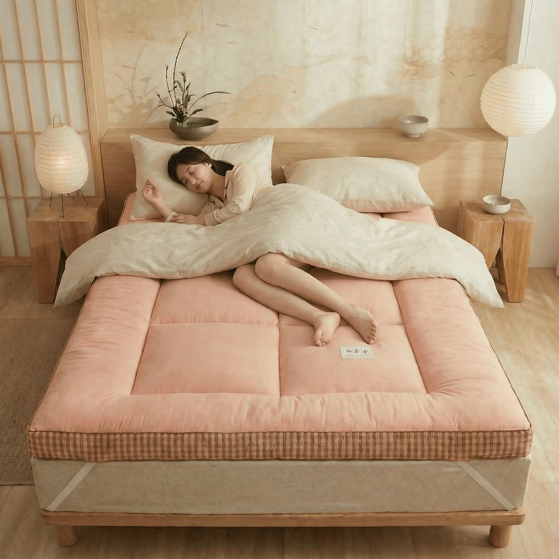 Surmatelas futon fibre de soja rose déroulé  japonais, confort naturel - Tenrai