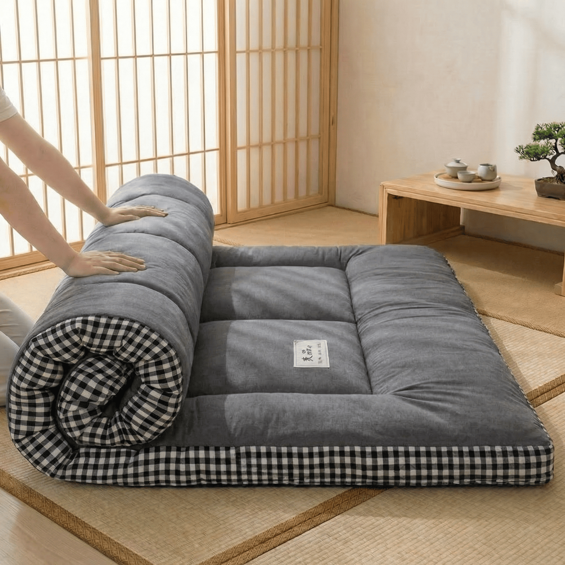 surmatelas futon fibre de soja gris roulé, ambiance japonaise naturelle - Tenrai