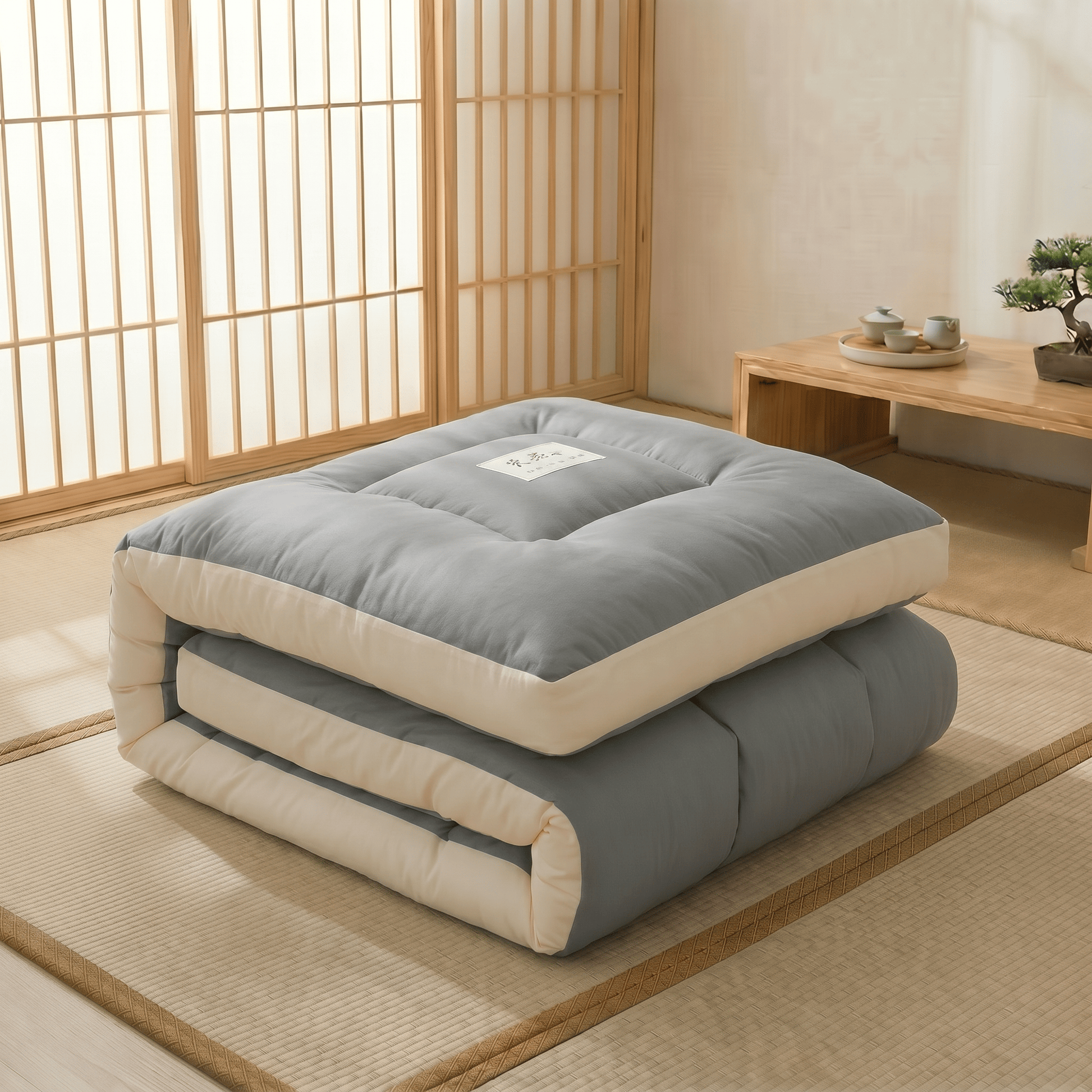 Surmatelas futon sérénité gris plié japonais, douceur et bien-être - Tenrai