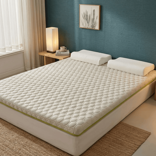 Futon japonais mémoire de forme vert installé sur lit - Tenrai
